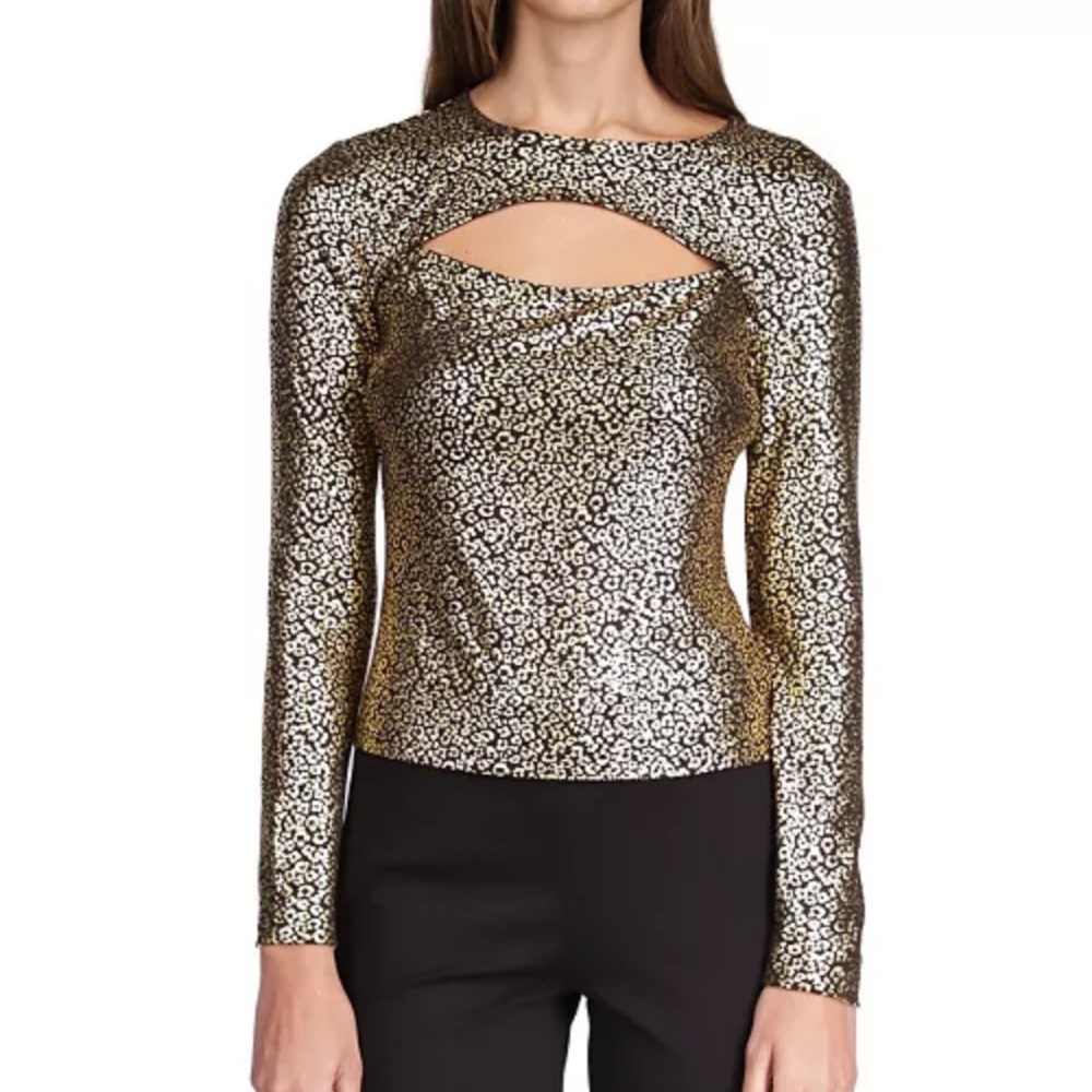 Michael Kors Metallic Cat Print Cutout Long Sleeve Top NWT Size Small